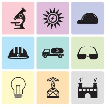 Set Of 9 simple editable icons such as factory, oil derrick, bulb, sunglasses Illustrazione stock