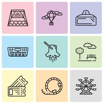 Set Of 9 simple editable icons such as Ferris wheel, Roller coaster, Tickets, Stock Illustration