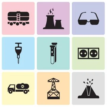 Set Of 9 simple editable icons such as volcano, oil derrick, tipper, socket,  Stock Illustration