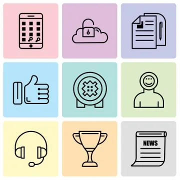 Set Of 9 simple editable icons such as newspaper, cup, headphone, astronaut,  Stock-Illustration