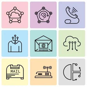 Set Of 9 simple editable icons such as Cube, Router, Mail box, Cloud computin 스톡 일러스트