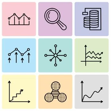 Set Of 9 simple editable icons such as Data wave chart, Pie graphic compariso Stock Illustration