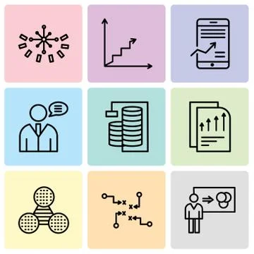 Set Of 9 simple editable icons such as Person explaining data, Strategy sketc Stock Illustration