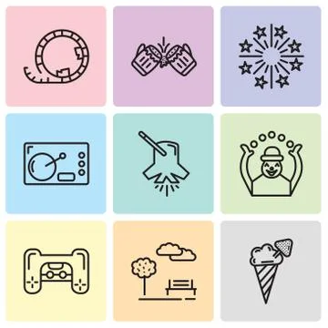 Set Of 9 simple editable icons such as Ice cream, Park, Playstation, Monkey,  Stock Illustration