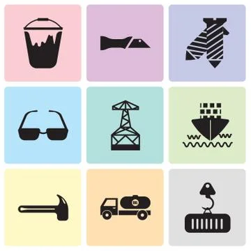 Set Of 9 simple editable icons such as crane with load, tipper, hammer, ship, Stock Illustration