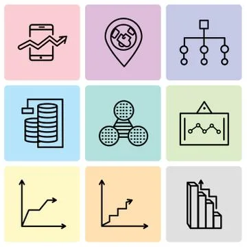Set Of 9 simple editable icons such as Targeting, Data analytics ascending, T Stock Illustration