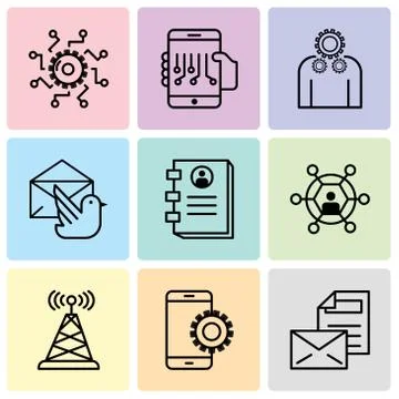 Set Of 9 simple editable icons such as Mail, Setup, Antenna, User, Contact bo Stock Illustration