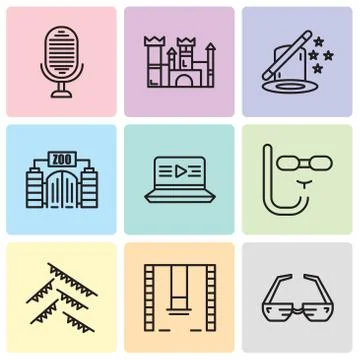 Set Of 9 simple editable icons such as 3d glasses, Swings, Garland, Diving ma Stock Illustration