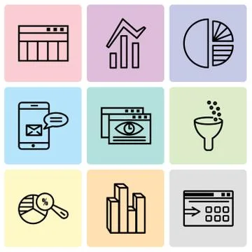 Set Of 9 simple editable icons such as Data export with an arrow, Stream grap Stock Illustration