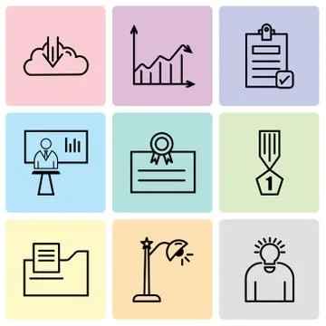 Set Of 9 simple editable icons such as idea, lightbulb, document folder, winn Stock Illustration