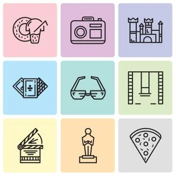 Set Of 9 simple editable icons such as Confetti, Oscar, Clapperboard, Swings, Stock Illustration