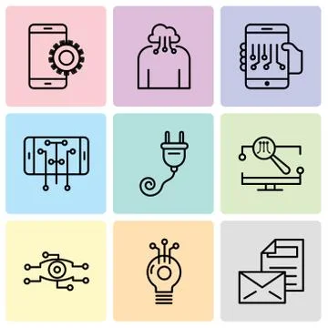 Set Of 9 simple editable icons such as Mail, Idea, Analysis, Monitor, Plug, S Stock Illustration
