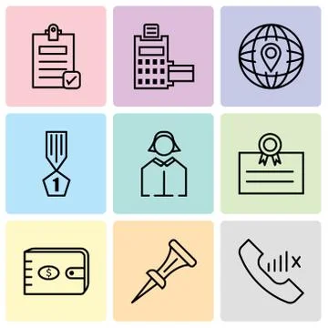 Set Of 9 simple editable icons such as slow network, nail, purse, postcard, b Stock Illustration