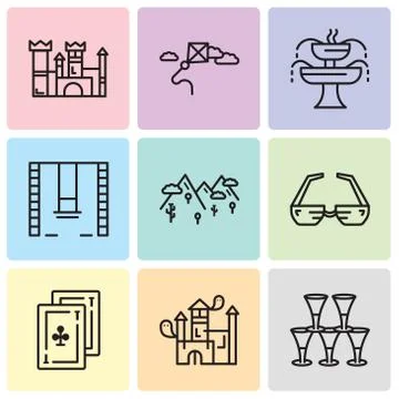 Set Of 9 simple editable icons such as Glasses, House, Cards, 3d glasses, Mou Stock Illustration