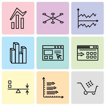 Set Of 9 simple editable icons such as Cart graphic, Bars, Sun Flare, Data ex Illustrazione stock