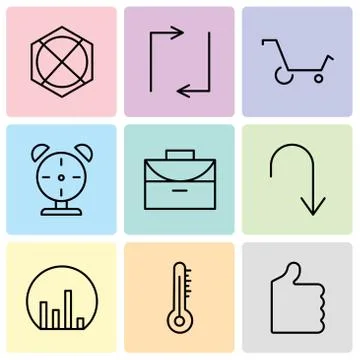 Set Of 9 simple editable icons such as Thumb up, Mercury thermometer, Bar cha Stock Illustration