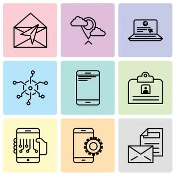 Set Of 9 simple editable icons such as Mail, Setup, Smartphone, Contact ID Ca Stock Illustration