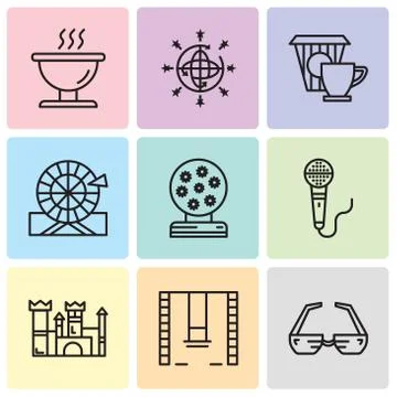 Set Of 9 simple editable icons such as 3d glasses, Swings, Castle, Microphone Stock Illustration
