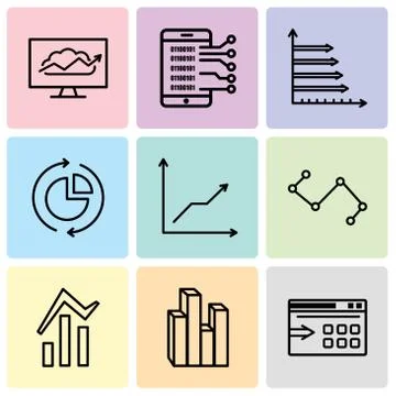 Set Of 9 simple editable icons such as Data export with an arrow, Stream grap Stock Illustration