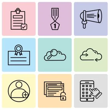Set Of 9 simple editable icons such as iphone, unlock, profile, Reload data,  Stock Illustration