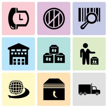 Set Of 9 simple editable icons such as Frontal truck, Box of packing for deli Stock Illustration