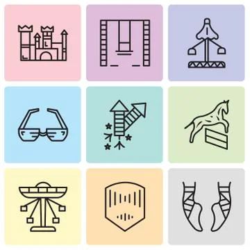 Set Of 9 simple editable icons such as Ballet, Mask, Carousel, Horse, Firewor 스톡 일러스트