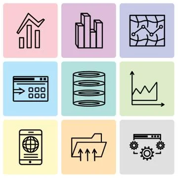 Set Of 9 simple editable icons such as Data settings, Connected folder data,  Stock Illustration