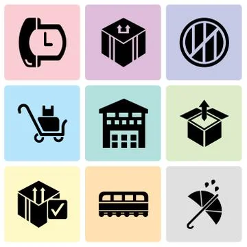 Set Of 9 simple editable icons such as Protection, Train front, Delive box ve Stock Illustration