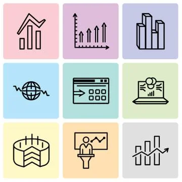 Set Of 9 simple editable icons such as Decreasing stocks bars, Person in data Stock Illustration