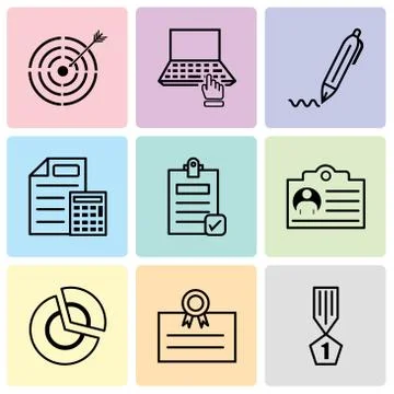Set Of 9 simple editable icons such as winner, postcard, pie chart, document, イラスト素材