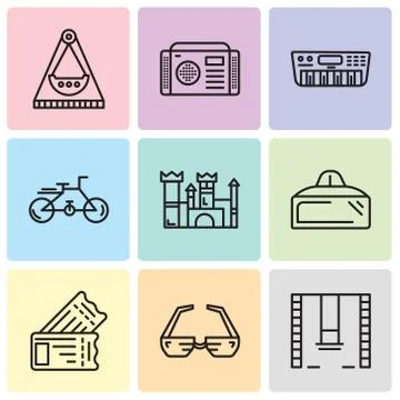Set Of 9 simple editable icons such as Swings, 3d glasses, Tickets, Vr glasse Stock Illustration