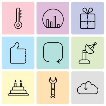 Set Of 9 simple editable icons such as Download from the cloud, Wrench, Cake  스톡 일러스트