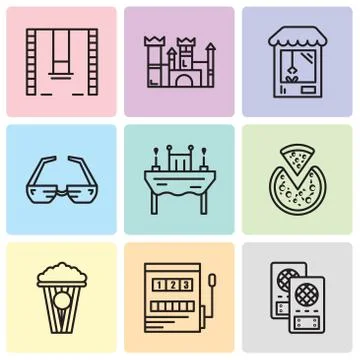 Set Of 9 simple editable icons such as Loudspeaker, Gaming, Popcorn, Pizza, D Stock Illustration