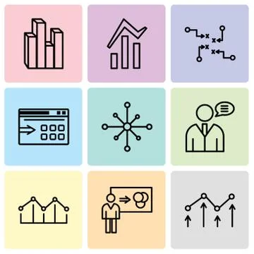 Set Of 9 simple editable icons such as Decreasing chart, Person explaining da Stock Illustration