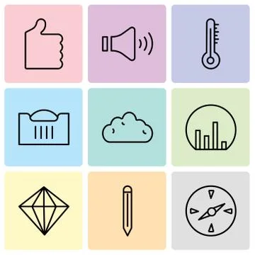 Set Of 9 simple editable icons such as Compass, Edit tool, Diamond, Bar chart Stock Illustration