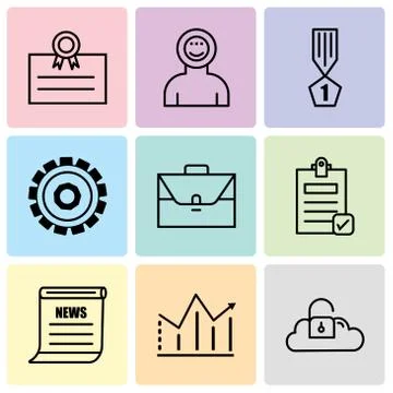 Set Of 9 simple editable icons such as Key data, statistic, newspaper, Check  Stock Illustration