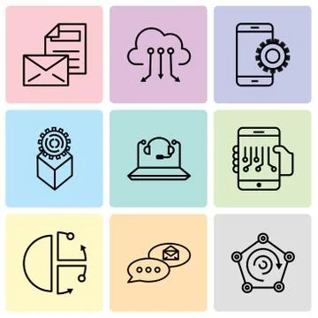 Set Of 9 simple editable icons such as Radar, email chat, Cube, Smartphone, C Stock-Illustration