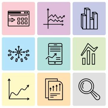 Set Of 9 simple editable icons such as Magnifier tool, Bars chart page, Data  Illustrazione stock