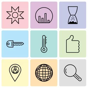 Set Of 9 simple editable icons such as Magnifying glass, International globe, Stock Illustration