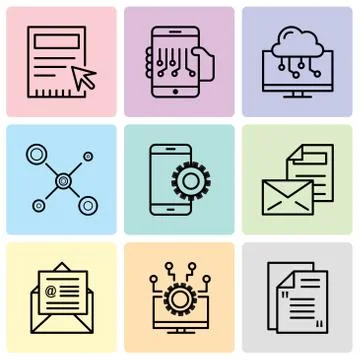 Set Of 9 simple editable icons such as mail, Laptop, on mail, Mail, Setup, Ne Stock-Illustration