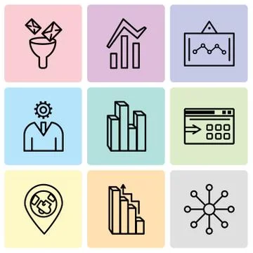 Set Of 9 simple editable icons such as Balancing data, Targeting, 3d pie char 스톡 일러스트