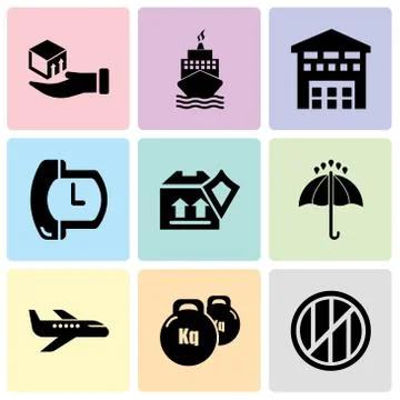 Set Of 9 simple editable icons such as Wood package box of square shape for d Stock Illustration