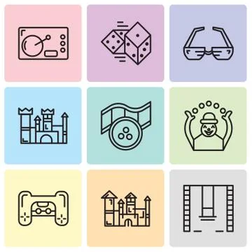 Set Of 9 simple editable icons such as Swings, Disneyland, Playstation, Monke Illustrazione stock