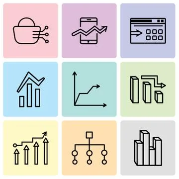 Set Of 9 simple editable icons such as Stream graphic, Flow chart interface,  Illustrazione stock