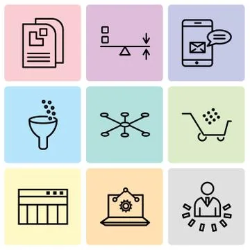 Set Of 9 simple editable icons such as User data analytics, Laptop Analysis,  Stock Illustration
