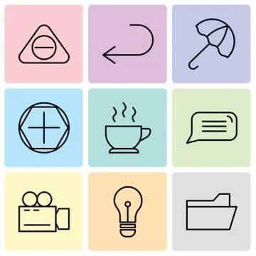Set Of 9 simple editable icons such as File folder, Light bulb, Video camera, Stock-Illustration