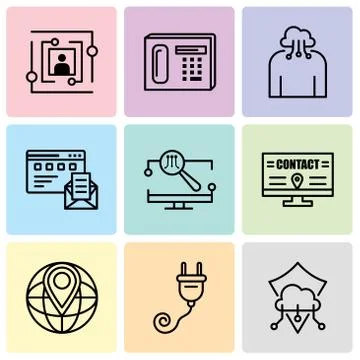 Set Of 9 simple editable icons such as Protection, Plug, World placeholder, B Stock Illustration