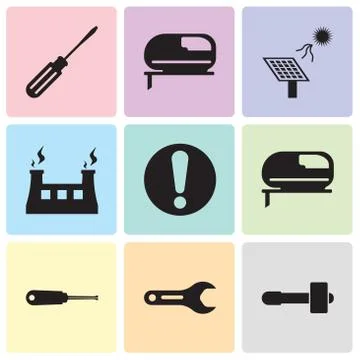 Set Of 9 simple editable icons such as hammer, pipe wrench, turn-screw, grind Stock Illustration