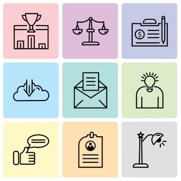 Set Of 9 simple editable icons such as lightbulb, CV, comment, idea, email, d Illustrazione stock