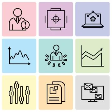 Set Of 9 simple editable icons such as Monitor analytic, Data page, Box plot  Ilustración de archivo